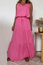 Casual Solid Color Lace Up Flounce V Neck Sleeveless Two Pieces