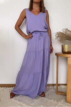Casual Solid Color Lace Up Flounce V Neck Sleeveless Two Pieces