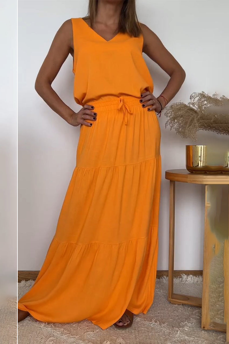 Casual Solid Color Lace Up Flounce V Neck Sleeveless Two Pieces