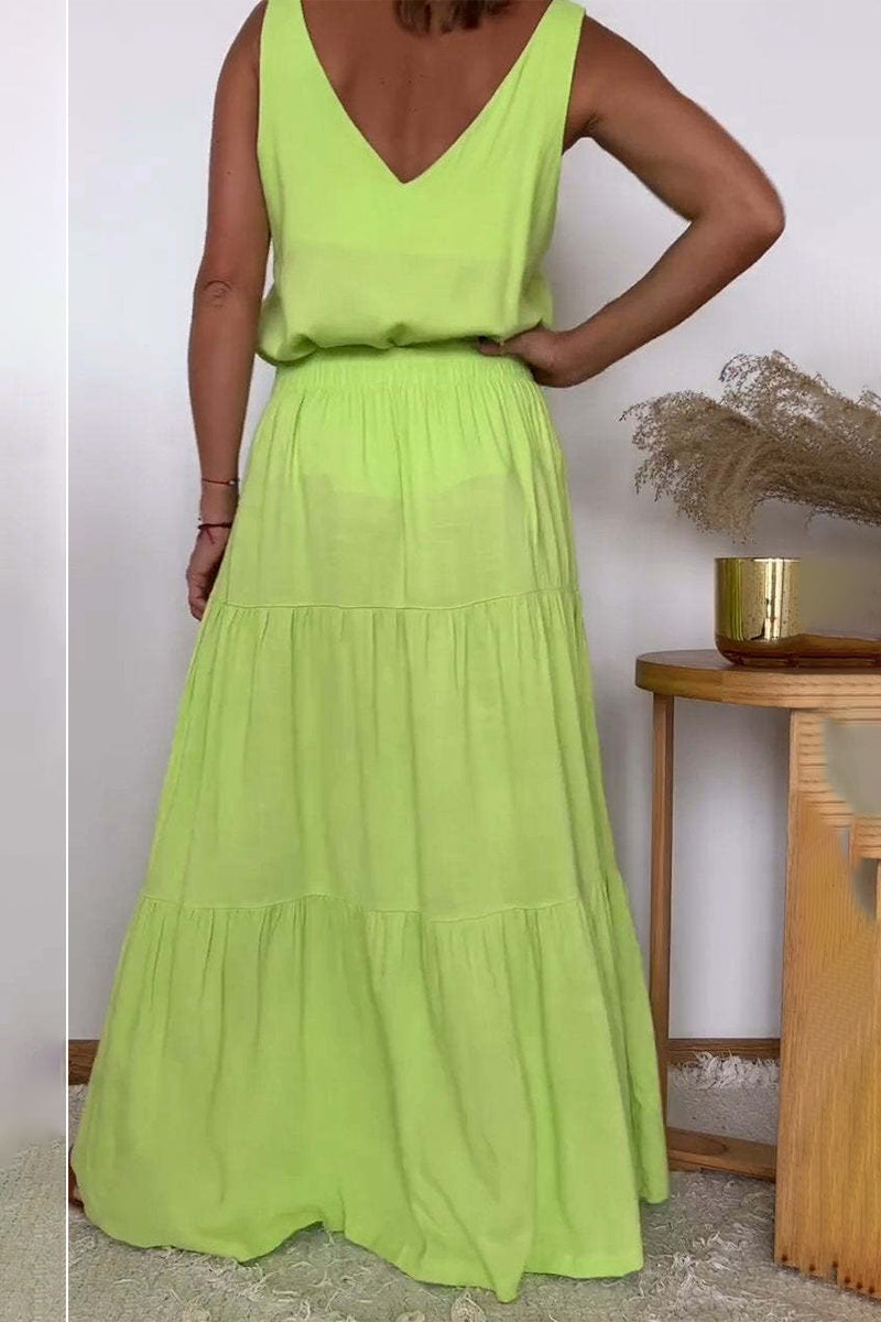 Casual Solid Color Lace Up Flounce V Neck Sleeveless Two Pieces