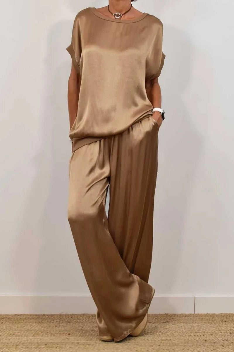 Casual Solid Color Draw String Pocket O Neck Short Sleeve Two Pieces