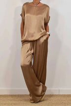 Casual Solid Color Draw String Pocket O Neck Short Sleeve Two Pieces