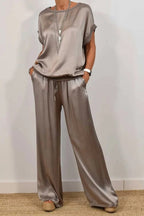 Casual Solid Color Draw String Pocket O Neck Short Sleeve Two Pieces