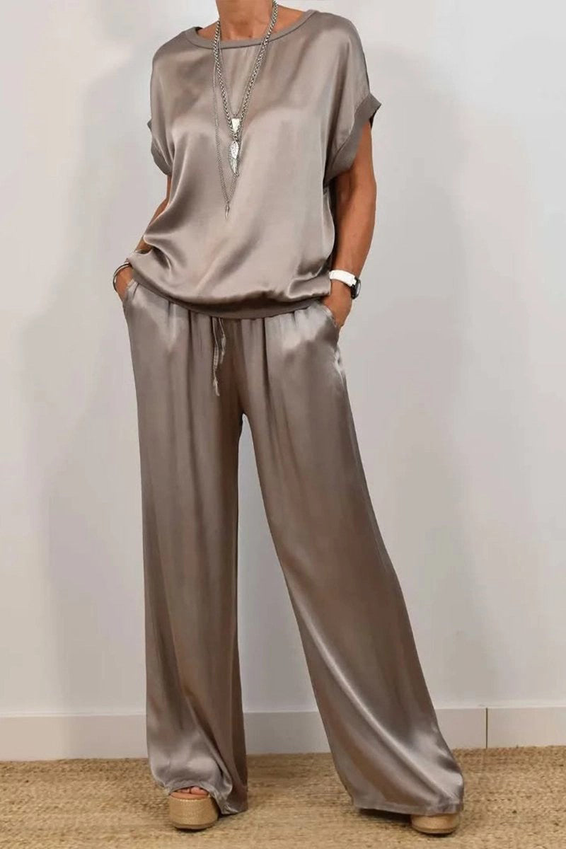 Casual Solid Color Draw String Pocket O Neck Short Sleeve Two Pieces
