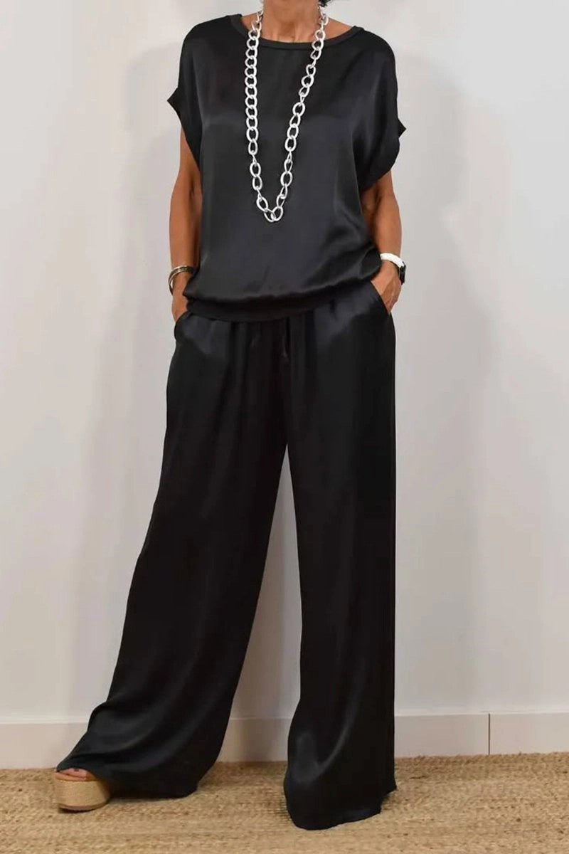 Casual Solid Color Draw String Pocket O Neck Short Sleeve Two Pieces