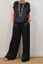 Casual Solid Color Draw String Pocket O Neck Short Sleeve Two Pieces