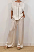 Casual Solid Color Draw String Pocket O Neck Short Sleeve Two Pieces