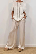 Casual Solid Color Draw String Pocket O Neck Short Sleeve Two Pieces