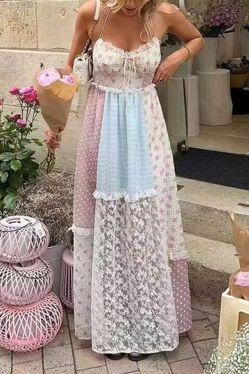 Elegant Floral Print Lace Draw String Backless Contrast Halter Long Dresses