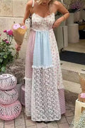 Elegant Floral Print Lace Draw String Backless Contrast Halter Long Dresses