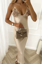 Sexy Solid Color Patchwork Flowers V Neck Sling Dresses