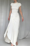 Sexy Solid Color Slit Ruched O Neck Long Short Sleeve Dress