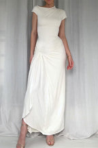 Sexy Solid Color Slit Ruched O Neck Long Short Sleeve Dress