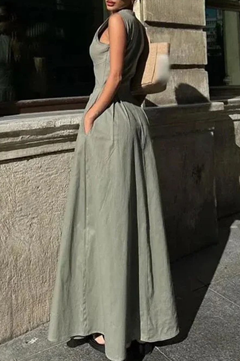 Casual Street Solid Color Pocket Zipper O Neck Long Dresses