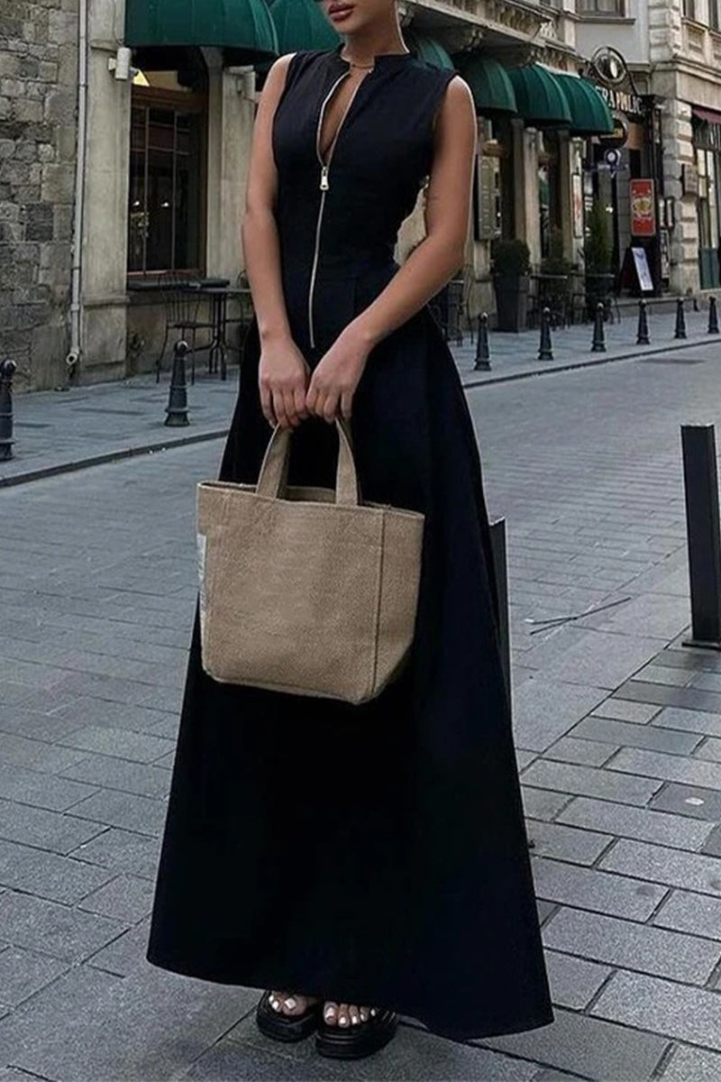 Casual Street Solid Color Pocket Zipper O Neck Long Dresses