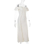 Off shoulder lace hem ruffle maxi dress  | Festival Outfits Women