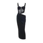 Hollow out mesh ruched cami cut out maxi dress  | Festival Outfits Women
