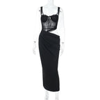Hollow out mesh ruched cami cut out maxi dress  | Festival Outfits Women