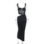 Hollow out mesh ruched cami cut out maxi dress  | Festival Outfits Women