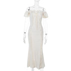 Off shoulder lace hem ruffle maxi dress  | Festival Outfits Women