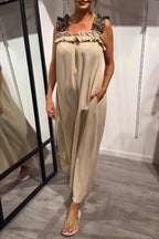 Casual Leopard Pocket Patchwork Flounce Square Neck Long Dresses(8 Colors)