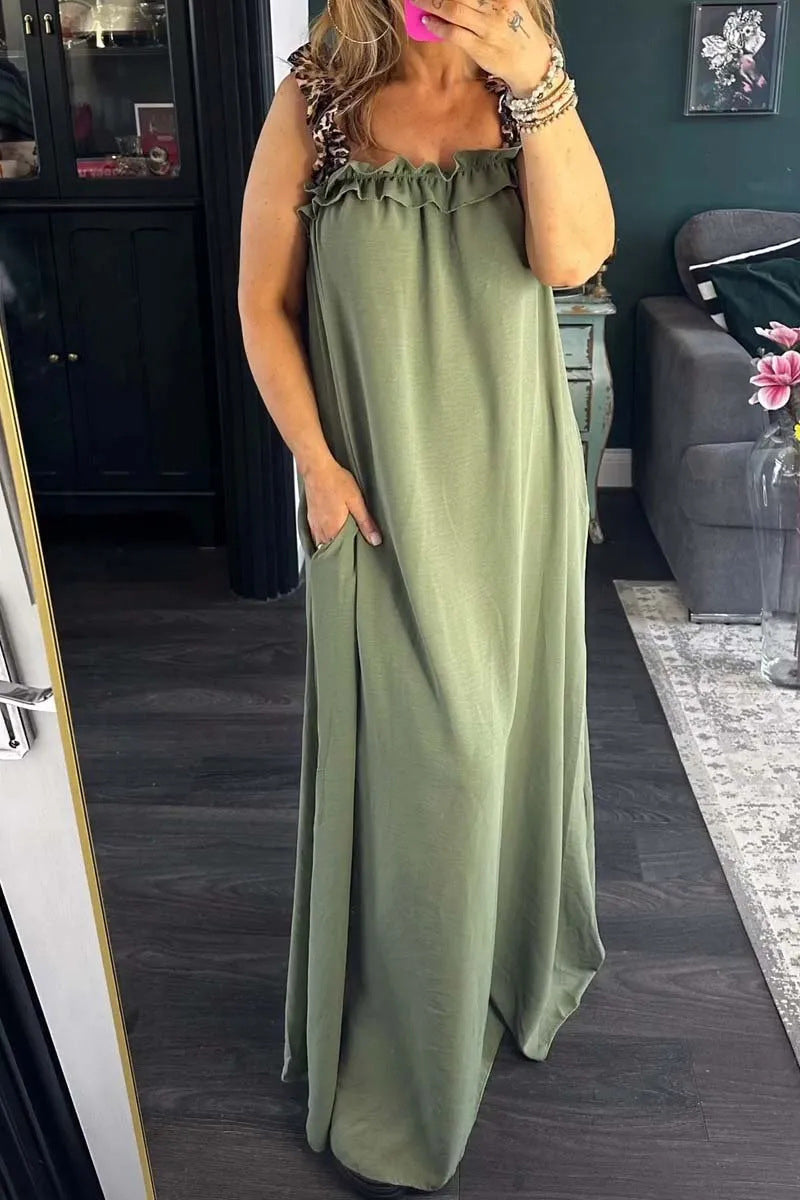Casual Leopard Pocket Patchwork Flounce Square Neck Long Dresses(8 Colors)