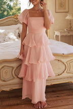 Casual Backless Flounce Square Neck Cake Skirt Dresses