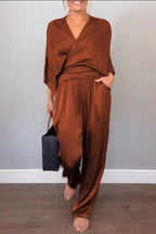 Casual Pocket V Neck Three Quarter Two Pieces(7 Colors)