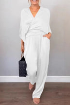 Casual Pocket V Neck Three Quarter Two Pieces(7 Colors)