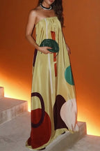 Casual Geometric Print Contrast Strapless Long Dresses