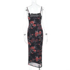 Flower print mesh cami maxi dress  | Festival Outfits Women