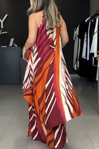 Casual Striped Print Lace Up Irregular Contrast O Neck Sleeveless Two Pieces