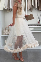 Casual Solid Color Without Belt Mesh Strapless Mesh Dresses(No belt)