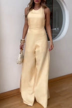 Casual Solid Color Patchwork Slit O Neck Jumpsuits