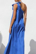 Casual Solid Color Lace Up Sloping Shoulder Irregular Dresses