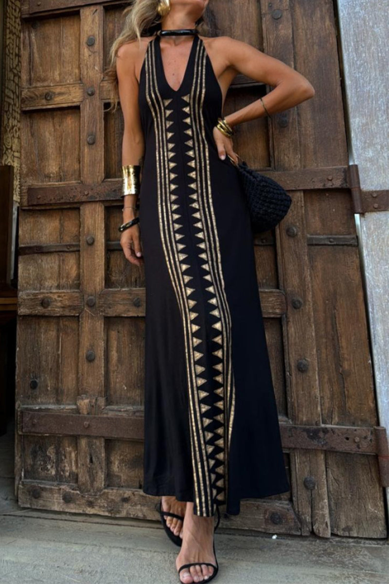 Sexy Geometric Print Backless Halter One Step Skirt Dresses