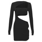 Long sleeve irregular hollow out ribbed cut out mini dress  | Festival Outfits Women