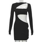 Long sleeve irregular hollow out ribbed cut out mini dress  | Festival Outfits Women