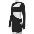 Long sleeve irregular hollow out ribbed cut out mini dress  | Festival Outfits Women