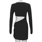 Long sleeve irregular hollow out ribbed cut out mini dress  | Festival Outfits Women