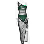 Drawstring mesh one shoulder 3 piece tube short pant set  | Festival Outfits Women