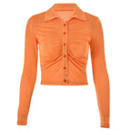 Turnover collar long sleeve ruched button crop top  | Festival Outfits Women