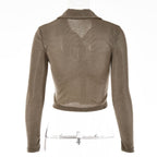 Turnover collar long sleeve ruched button crop top  | Festival Outfits Women