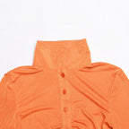 Turnover collar long sleeve ruched button crop top  | Festival Outfits Women