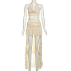Halter mesh ruched cowl neck mini skirt set  | Festival Outfits Women