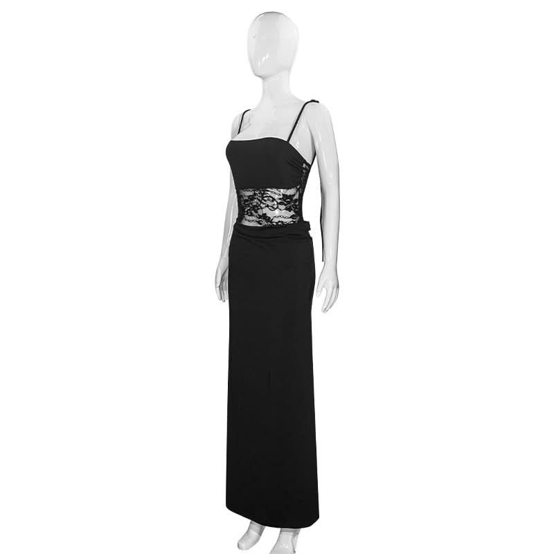 Lace square neck self tie solid cami maxi dress  | Festival Outfits Women