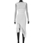 Long sleeve mesh patchwork ruffle midi dress  | Festival Outfits Women