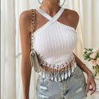 Textured halter self tie tassels solid top  | Festival Outfits Women