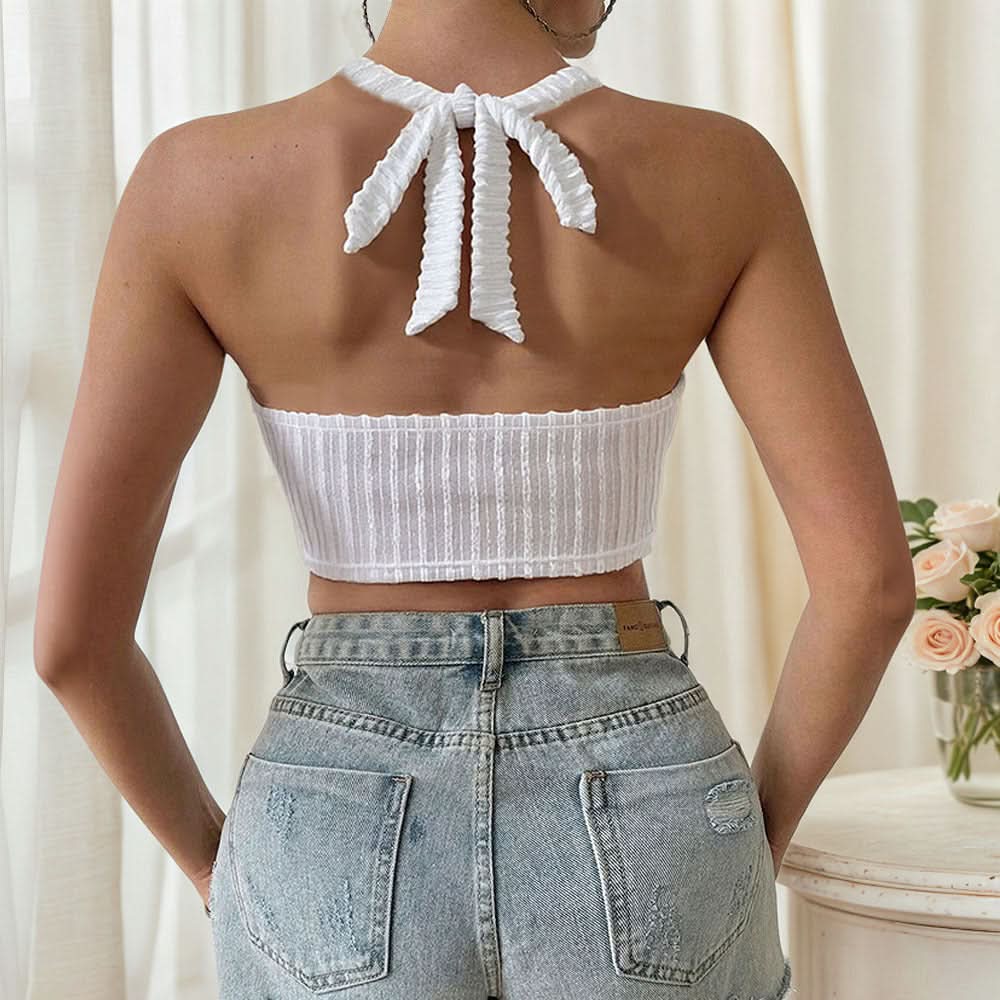 Textured halter self tie tassels solid top  | Festival Outfits Women