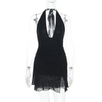 Halter self tie deep v neck slit ruched mini dress  | Festival Outfits Women